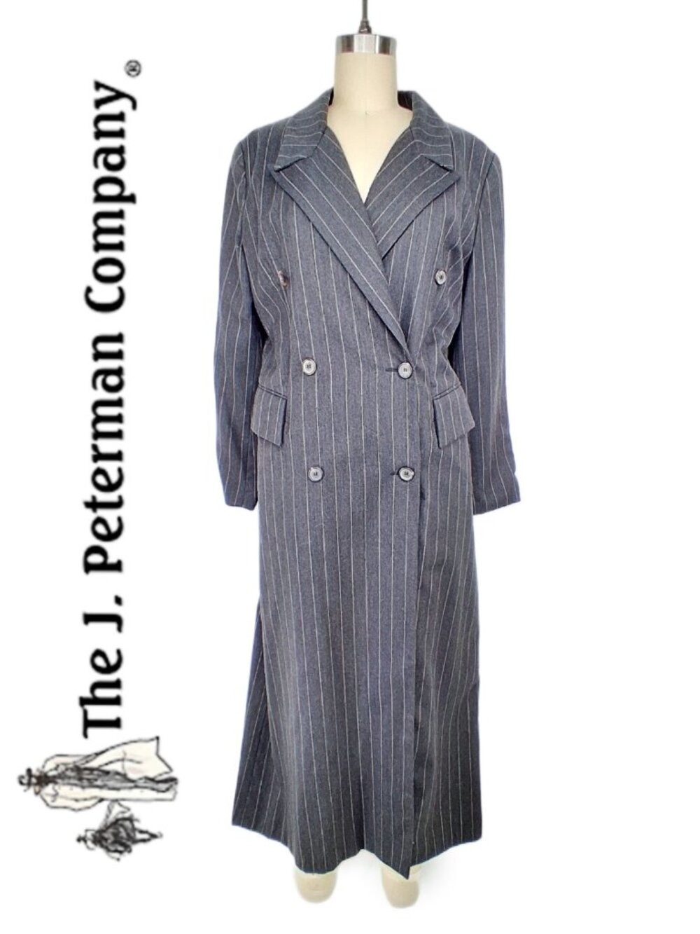 Vintage J Peterman Gray Pinstripe Wool Overcoat Double Breasted Point Lapel 12/L